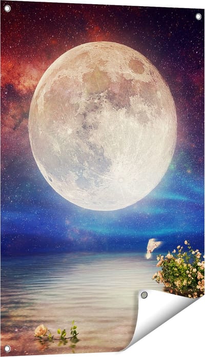 Gards Tuinposter Volle Maan in de Hemel boven het Water - 60x90 cm - Tuindoek - Tuindecoratie - Wanddecoratie buiten - Tuinschilderij