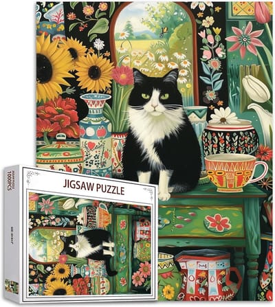 1000-delige Puzzel - Kattenpuzzel Legpuzzel - Ontspanning Thuis - Gerecycled Materiaal - 50 x 50 cm - Bloemen Kat