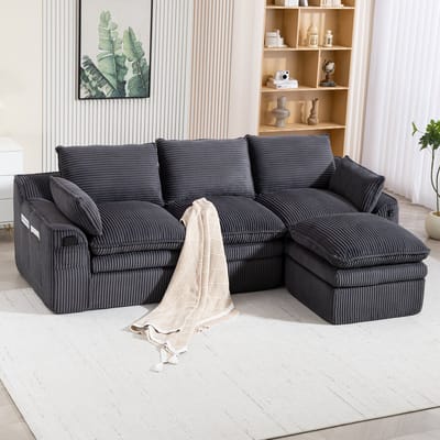 Modulaire 3-zits Corduroy Bank (met voetenbank), 3-Zits Hoekbank L-Bank – incl. kussens en 2 zijvakken, 3-laags Schuim + Veringkern voor Snelle Terugvering. Vrij combineerbaar – Ideaal voor Woonkamers, Kantoren en Meer,Donkergrijs