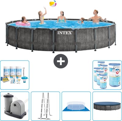 Intex Rond Prism Frame Greywood Zwembad - 549 x 122 cm - Inclusief Pomp - Ladder - Grondzeil - Afdekzeil Onderhoudspakket - Filters