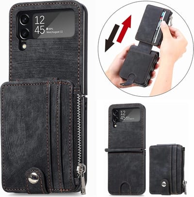 Portemonnee hoesje zwart leren hoesje geschikt voor de geschikt voor Samsung Galaxy Z Flip 4 / Galaxy Flip 4 hoesje - Zwart hoesje van zacht leer geschikt voor Samsung Galaxy Flip 4 - Afneembare portemonnee hoesje zwart
