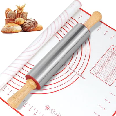 Deegroller en Bakmat Set - RVS Deegroller met Houten Handvat en Siliconen Bakmat met Maatvoering