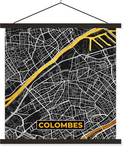 Posterhanger incl. Poster 60x60 cm - Schoolplaat - Kaart – Stadskaart – Colombes - Plattegrond – Frankrijk - Textielposter - Zwarte latten - Stadskaart