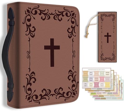 Dailygoods- Bijbelhoes Groot - PU-leer - Bladwijzer - Bruin Kruis/Damastprint - Draagtas voor Dames/Heren - 20,3 x 28,5 x 5,9 cm - Bijbeldraagtas