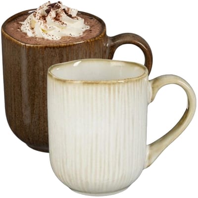 Mica Decorations Koffiemok Nusa - 2x stuks - bruin en creme - 11 x 9 cm - keramiek - theemok