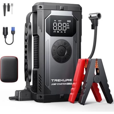 TREKURE Beta06 5500 A autojumpstarter met luchtcompressor (150 psi), 12 V draagbare accubooster voor alle benzine- en 10 L dieselmotoren, startbooster
