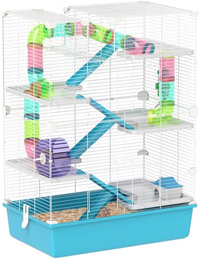 PawHut Hamsterkäfig 6 Etagen Nagerkäfig Kleintierkäfig mit Röhren Laufrad Futternapf und Zubehör, Kleintierstall Käfig für Hamster Zwerghamster 58 x 36 x 81 cm Hellblau