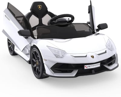 Elektrische Kinderauto 12V Lamborghini met Vleugeldeuren en Afstandsbediening - Sportauto voor Kinderen 3 tot 8 Jaar - LED, Muziek & Vering - 107x63x42 cm - wit