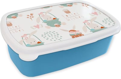 Broodtrommel Blauw - Lunchbox - Brooddoos - Pasen - Patroon - Paasmand - 18x12x6 cm - Kinderen - Jongen