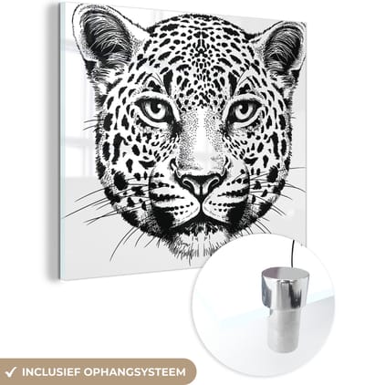 MuchoWow® Glasschilderij 50x50 cm - Schilderij acrylglas - Panter - Zwart - Wit - Illustratie - Foto op glas - Schilderijen