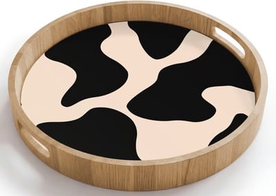 Dienblad rond 40x40 cm - Schootdienblad hout - Vlekkenpatroon - Koe - Beige - Borrelplank rechthoek - Plateau houten dienbladen