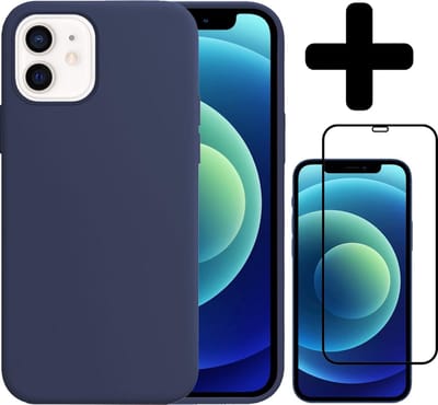 Hoesje - Met Screenprotector - Geschikt voor Apple iPhone 12 - Sterk & Shockproof - Telefoon Hoes - Back Cover - Siliconen Case - Telefoonhoes - Donkerblauw