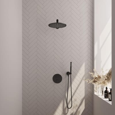 Brauer Black Edition thermostatische inbouw regendouche 3-weg rond SET 74 met 30 cm douchekop en rechte muurarm en staaf handdouche en doucheslang en wandaansluitbocht mat zwart