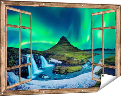Gards Tuinposter Doorkijk Noorderlicht bij de Watervallen in IJsland - 120x80 cm - Tuindoek - Tuindecoratie - Wanddecoratie buiten - Tuinschilderij