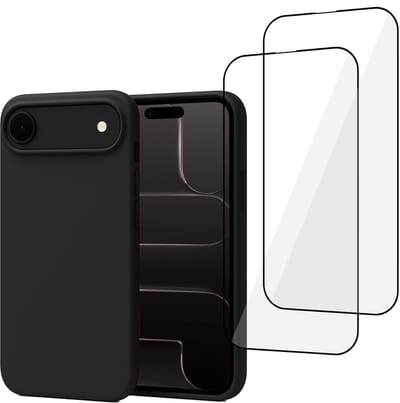 Technow hoesje + 2x Screenprotector geschikt voor iPhone 17 – Full Screen Tempered Glass - Liquid Back Case - Cover - Zwart