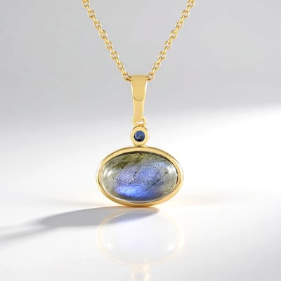 Cavill - Vergulde 925 Sterling Zilveren Halsketting - Blauwe Minary Labradoriet 3,15 ct Ovaal Cabochon - Blauwe Saffier 0,036 ct - Elegant Design