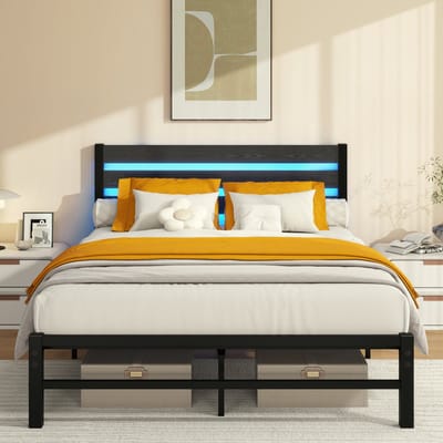 MODFU - Tweepersoons Bedframe - Ledverlichting - Opbergruimte Onder Bed - Industrieel - MDF En Metaal - Zwart - 140 X 200 Cm