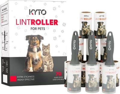 Kyto kledingroller set - met 3 handvatten, 12 navullingen en 3 Opberghulzen- Pluizenroller –840 kleefvellen – Kledingborstel verwijdert katten-, honden- en huisdierharen, stof en pluizen – Kleefroller - Pluizenverwijderaar - plakroller - stofroller