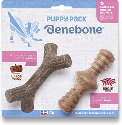Duurzaam Kauwspeelgoed voor Puppy’s - 2-pack Esdoornstok en Zaggler voor XS Honden