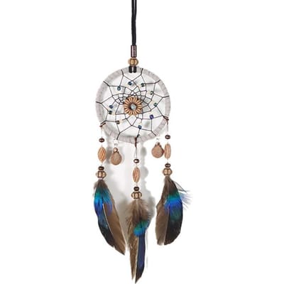 Mini auto dromenvanger met kralen, natuurlijke veren, handgemaakte chique hangende ornamenten, spiegel, kamer, slaapkamer, feest, bruiloft, wanddecoratie white