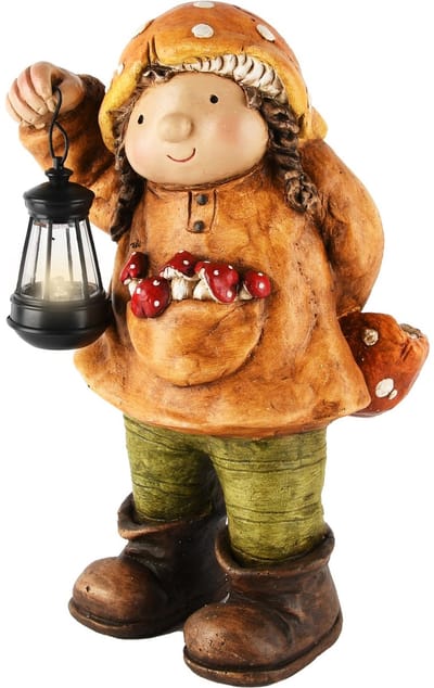 Herfstmeisje met lantaarn oranje-groen MET VERLICHTING 28 cm hoog - tuinbeeld - hoogkwalitatieve kunststof - decoratiefiguur - interieur - accessoire - voor binnen en buiten - herfstcollectie - geschenk - cadeau - gift - verjaardag
