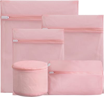 Waszakken - 5-pack waszakken met rits - Mesh waszakken voor wasmachines - Fijne mesh en grote mesh herbruikbare waszakken - voor delicate shirts, sokken, ondergoed, bh's, lingerie, babykleding - 70g fijnmazig - roze