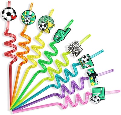 Dailygoods- Voetbalrietjes 8 stuks - Herbruikbare Rietjes - Rietjesborstel - Versierd met Voetbal - Veilig en Niet Giftig - 26 cm Lengte
