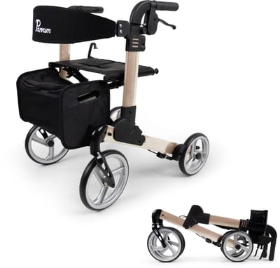 Parvum Luxo Rollator - Luxe dubbel opvouwbare rollator (6,8kg) - Incl. stokhouder, tas & rugleuning - Champagne, Small