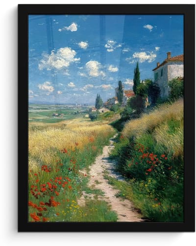 Poster in lijst - Fotolijst 30x40 cm - Posters - Zandpad - Huis - Bomen - Grasveld - Posterlijst zwart - Decoratie - Wanddecoratie woonkamer - Muurdecoratie slaapkamer