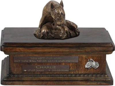 Persoonlijke urn voor Bull Terrier met beeldje en houten design