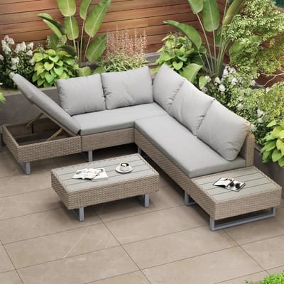 Polyester rotan set - tuinset zithoek sofa lounge - tuinlounge voor 4-5 personen - lounge met hoekbank - tafel en kussens - kaki