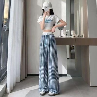 Dames Zomer Dunne Design Luie Broek Losse Casual Rechtvallende Vloerbroek Roze Ruit Wijde Pijpen 3XL