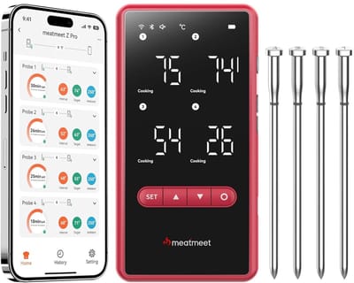 Thijox - Vleesthermometer met Wi-Fi en Bluetooth, 4 sondes, 6 sensoren, Waterdicht IP69, Bestand tegen 595°C, Perfect voor BBQ, Grillen, Rokers, Ovens