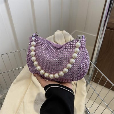 Sacs de soirée pour femmes Sac à main Strass avec Chaîne Perle Chaîne de Sac Bandoulière Strass pour Fête Mariage violet