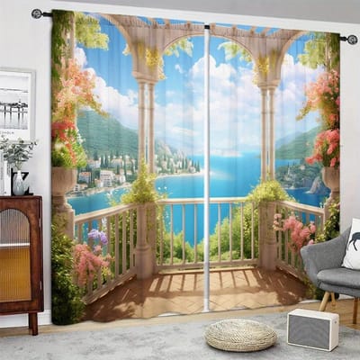 Balkon Landschap Bedrukt Gordijn voor Huisdecoratie - Tunnel voor Roede Raambekleding voor Slaapkamer, Keuken, Woonkamer 52.5cmX116cm X 2pcs blue
