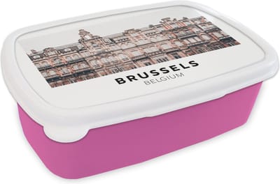Broodtrommel Roze - Lunchbox - Brooddoos - België - Brussel - Huizen - 18x12x6 cm - Kinderen - Meisje