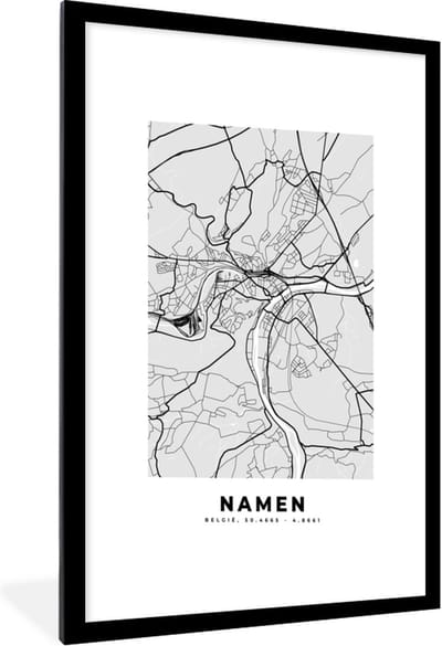 Fotolijst incl. Poster Zwart Wit- België – Namen – Stadskaart – Kaart – Zwart Wit – Plattegrond - 60x90 cm - Posterlijst