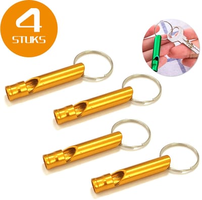 Colorful Sun® Metalen Noodfluit 4 Stuks – Alarmfluit 120 dB met Sleutelhanger – Reddingsfluit voor Outdoor, Wandelen, Camping, Survival & Sport – Hondenfluit – Sport- & Scheidsrechterfluit – Goud
