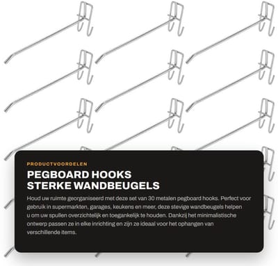 Dailygoods - Pegboard Hooks - Sterke Wandbeugels - Organisatie in Garage en Winkel - 30 Stuks - Handige Haakjes - Geschikt voor Garages en Winkels - K...