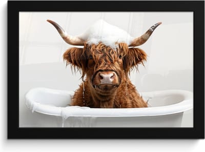 Poster in lijst - Fotolijst 30x20 cm - Posters - Schotse Hooglander - Bad - Koe - Dieren - Schuim - Posterlijst zwart - Wanddecoratie badkamer - Muurdecoratie WC - Decoratieve accessoires - Toilet muur decoratie