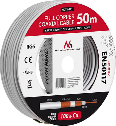 Antennekabel coaxkabel RG6 Pure Copper 50m Maclean MCTV-471 SAT