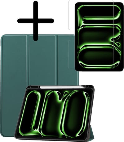 Hoesje Geschikt voor Apple iPad Pro (2024/2025) - 11 inch - Met Screenprotector - Trifold Bookcase - Hard Cover Case - Met Uitsparing Geschikt voor Apple Pencil - Hardcover Book - Tablet Hoes - Donkergroen