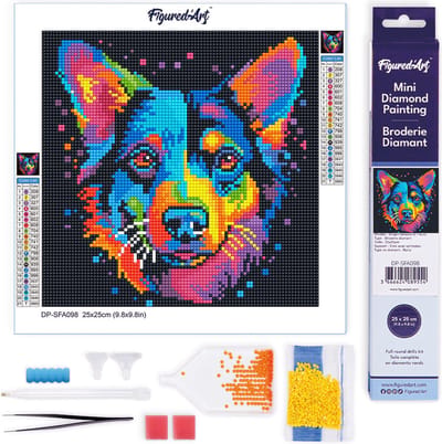 Figured'Art Mini Diamond Painting set Volwassenen 25x25 cm Neon Hond Abstracte Pop-Art - 5D DIY Art full drill ronde diamant - Opgerold canvas