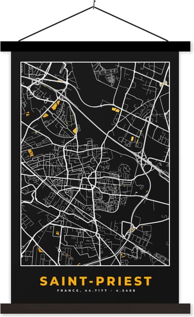 Posterhanger incl. Poster 40x60 cm - Schoolplaat - Kaart - Plattegrond - Frankrijk - Saint-Priest - Stadskaart - Textielposter - Zwarte latten - Stadskaart