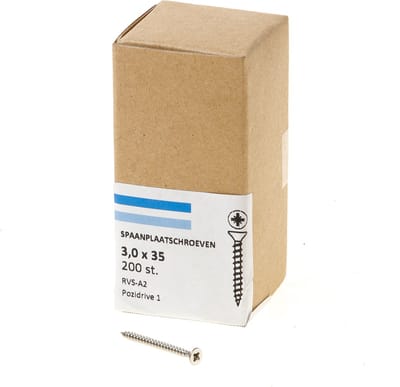 Hoenderdaal Spaanplaatschroef RVS platverzonken kop PZ1 voldraad 3.0X35 (per 200 stuks)
