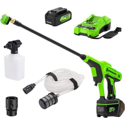 greenworks 24 V draadloze handhogedrukreiniger (lithium-ion, motorvermogen 300 W, druk 24 bar, debiet 180 l/u, sproeikop met 5 standen, 6 m slang