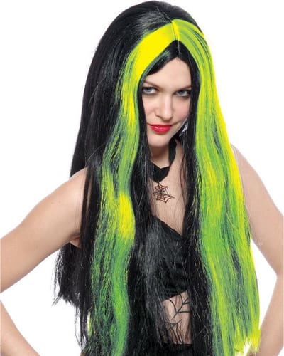pruik heks zwart met groene lok Halloween