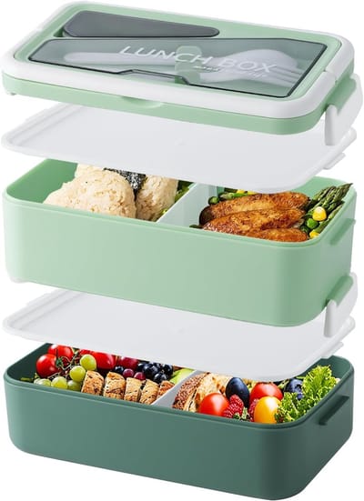 Lunchbox - lunchbox volwassenen - lunchbox kinderen - lunchbox met vakjes - Dubbellaagse Bentobox - Groen - 1600 ml - BPA-vrij - Lekvrije Bentobox - Voor werk, school