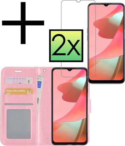 Hoesje - Met 2x Screenprotector - Geschikt voor OPPO A16 - Luxe Pasjeshouder - Bookcase Portemonee - Flip Case - Kunstleer Book Case - Flipcase Hoes - Book Cover - Walletcase - Portemonneehoes - Lichtroze