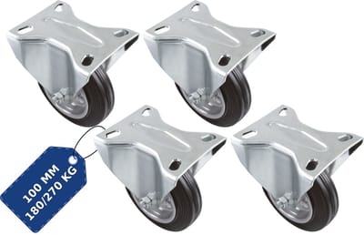 AMIG Bokwielen 100mm Set van 4 - 270kg Rubber Meubelwiel Rollager Zwart